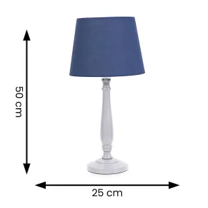 ValueLights Victoria Traditional Grey Wood Candlestick Table Lamp with Navy Blue Tapered Shade