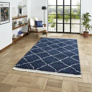 Navy Geometric Shaggy Rug, Stain-Resistant 45mm Thick Modern Rug for Bedroom, Living Room, & Dining Room-60cm X 230cm