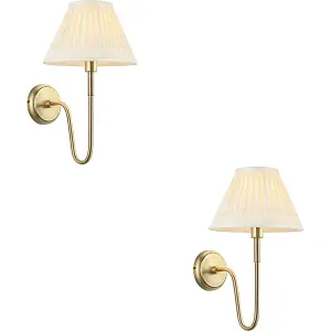 2 PACK Indoor Antique Brass Plate Wall Light - Ivory Silk Shade - Dimmable 10W LED E27