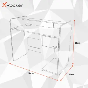 X-Rocker Electra RGB Gaming Desk 110cm Wide PC Computer Table Drawer Shelf App Controlled LED Lights & Wireless Charging - BLACK