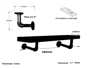 Wooden Shelf with Bracket PIPE Black 145mm Antique Grey Length of 60cm