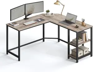 VASAGLE Corner Office Desk, L-Configuration Workstation, Gaming Station, Desk with 2 Shelves for Storage, Greige and Black