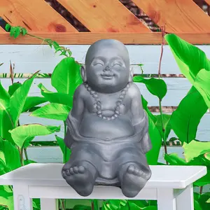 Buddha Statue Indoor and Outdoor, Grey Stone Effect Feng Shui Ornament, Resting Buddha Baby Monk Figurine L31 W22.5 H26 cm