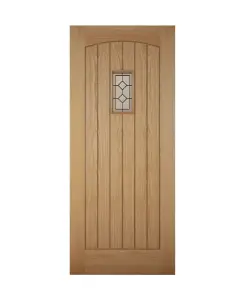 Geom Diamond bevel Leaded Glazed Cottage Wooden White oak veneer External Front door, (H)1981mm (W)762mm