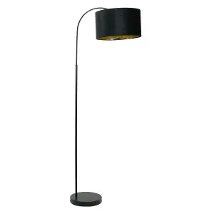 ValueLights Curva Black Arched Floor Lamp with Black Velvet and Gold Inner Lamp Shade & Bulb