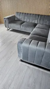 Genova Velvet Grey Corner Sofa With Chrome Metal Legs