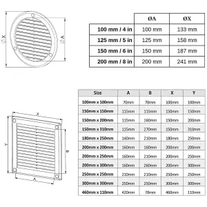 Silver Louvred Wall Vent Grille with Flyscreen and Screw Covers, 300 x 300 mm, Air Ventilation Duct Cover with Flat Back