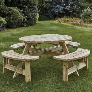 Woodshaw Appleton Round Wooden Picnic Table Garden Bench Seat FSC 8 Seater