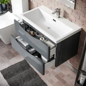 Nes Home Merton 800mm Grey Wall Hung Drawer & Resin White Basin Sink Vanity Unit