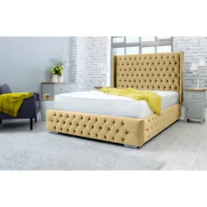 Benito Plush Bed Frame With Winged Headboard - Beige