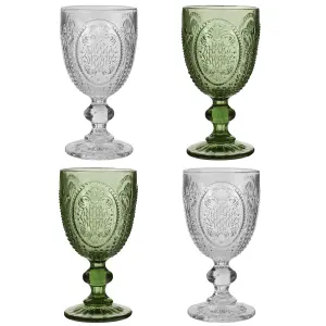 Set of 4 Vintage Luxury Green & Clear Drinking Wine Glass Wine Goblets 310ml