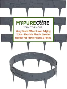 Flexible Grey Stone Effect Lawn Edging 2.3m - Flexible Plastic Garden Border Easy Install Edging for Grass, Gravel and Landscape