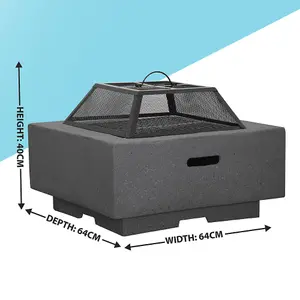 64cm Dark Grey Square Fire Pit and BBQ Grill for Outdoor Parties