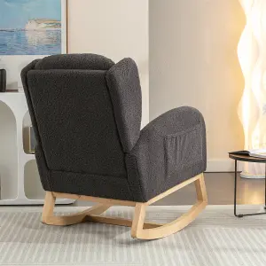 Modern Teddy Fabric Upholstered Rocking Chair Wingback Padded Seat For Living Room Bedroom, Grey 