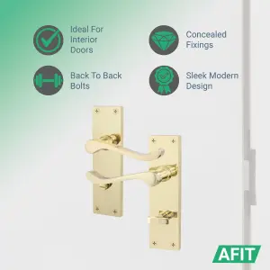 AFIT Polished Brass Victorian Scroll Bathroom Door Handle Set, 2 Pairs of Internal Handles on Backplate, Hinges 76mm & Locks 64mm