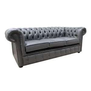 Chesterfield 3 Seater Bonded Grey Leather Sofa Bespoke In Classic Style