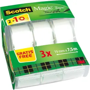 Scotch Magic Invisible Tape Clear Pack of 3 Handheld Dispensers 19mm x 7.5m