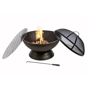 Teamson Home Outdoor Wood Burning Fire Pit, Round Bronze Metal Garden Heater, Log Burner, Includes Lid & Poker - 76 x 76 x 70 (cm)