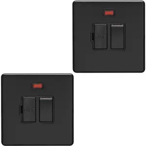 2 PACK 1 Gang 13A Switched Fuse Spur & Neon SCREWLESS MATT BLACK Mains Isolation