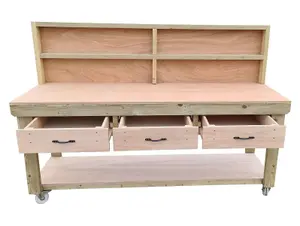 Wooden Eucalyptus hardwood top workbench, tool cabinet with drawers (V.1) (H-90cm, D-70cm, L-210cm) with back and wheels