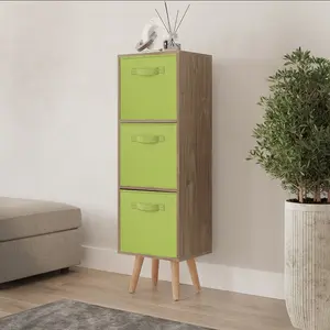 URBNLIVING 100cm Height Oak 3-Tier 3-Drawer Green Cube Shelving Unit with Scandinavian Beech Legs