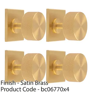 4 PACK - Knurled Radio Cabinet Door Knob & Matching Backplate - Satin Brass 40 x 40mm