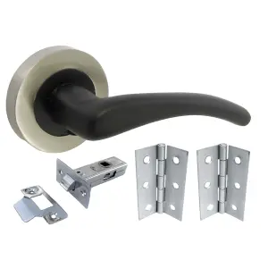 Zena Door Handle Modern Design Matt Black Lever on Satin Rose Internal + Latch & Hinges