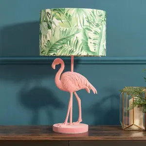 ValueLights Pink Velvet Flamingo Bedside Table Lamp with Tropical Palm Leaf Drum Lampshade Animal Light