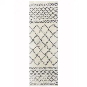 Cream Grey Geometric Luxurious Modern Shaggy Easy To Clean Dining Room Rug-80 X 240cm (Runner)