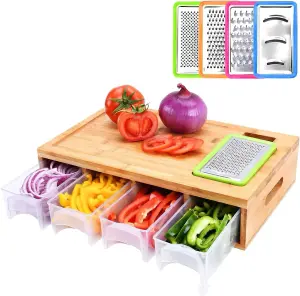 Versatile Bamboo Cutting Board with 4 Containers and Graters - Large Chopping Board with Juice Grooves, Easy-Grip Handles