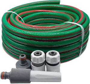 10M Garden Hose Set Complete 4-Pc Starter Kit with Adjustable Nozzle,3 Connectors for 1/2" & 5/8" Hoses, Compatible with Hozelock