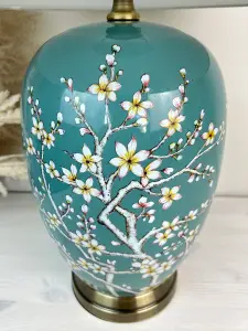 Teal Blossom Ceramic Table Lamp with Pleated Shade