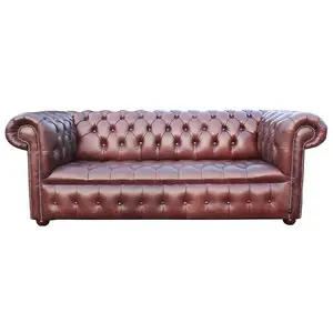 Chesterfield 3 Seater Buttoned Seat Sofa Old English Hazel Real Leather In Classic Style