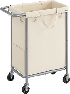 SONGMICS Mobile Laundry Trolley, 2-Section Hamper, Removable Inner Bag, Ample Storage, Cream White