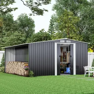 8 x 6 ft Metal Shed Garden Storage Shed Apex Roof Double Door with 6.7 x 2.1 ft Log Store, Black