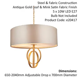 Antique Gold Ceiling Pendant Light & Mink Satin Shade - 5 Bulb Hanging Fitting