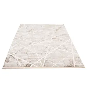 Beige Abstract Marble Bedroom Living Area Rug with Fringing 200x290cm