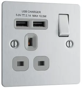 BG Brushed Steel Single 13A Flat Switched Screwed Socket with USB, x2 & Grey inserts