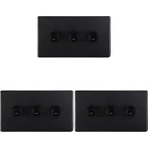 3 PACK 3 Gang Triple Retro Toggle Light Switch SCREWLESS MATT BLACK 10A 2 Way