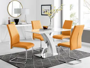 Atlanta White High Gloss and Chrome 4 Seater Dining Table with Statement X Shaped Legs and 4 Mustard Faux Leather Lorenzo Chairs