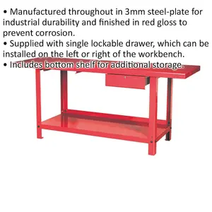 Durable 2m Steel Workbench with Lockable Drawer and Bottom Shelf Storage