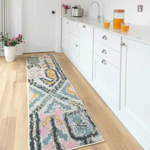 Pastel Multicolour Distressed Tribal Living Area Runner Rug 60x240cm