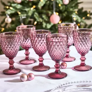 Set of 6 Vintage Luxury Red Diamond Embossed Drinking Wine Glass Wine Goblets 270ml