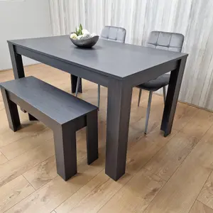 Dining Table and 2 Chairs With Bench  Black Dark Grey Velvet Chairs Wood Dining Set Furniture