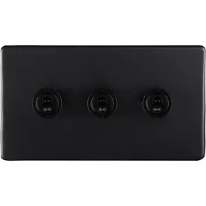 3 Gang Triple Retro Toggle Light Switch SCREWLESS MATT BLACK 10A 2 Way Lever