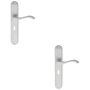 2 PACK - Slim Modern Scroll Latch & Lock Door Handle - Satin Chrome Lever on Backplate