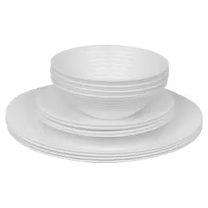 Queensway Home & Dining 26cm Diameter 12 Pcs White Opal Glass Vienna Ribbed Dinner Plates Soup Bowls Dinnerware Set