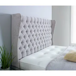 Salva Plush Bed Frame With Winged Headboard - Silver