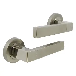 Cafri Line Door Handle Lock Key Set Modern Satin Nickel Lever on Rose Internal Escutcheon Pack