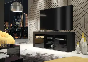 Pulse TV Unit 145cm Black High Gloss Doors with LED Lighting - Creative Furniture